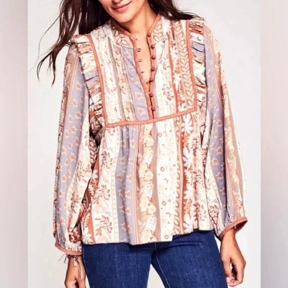 Faherty Sparrow Ruffled Floral Peasant Blouse Ashord Print Size Large